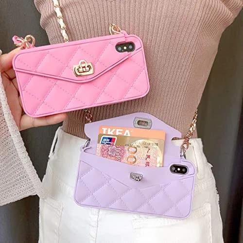 UnnFiko Luxury Bag Wallet Case for iPhone 7 Plus/8 Plus, Soft Silicone with Shoulder Strap, Purple | Card Pouch & Full Protection thumbnail 4