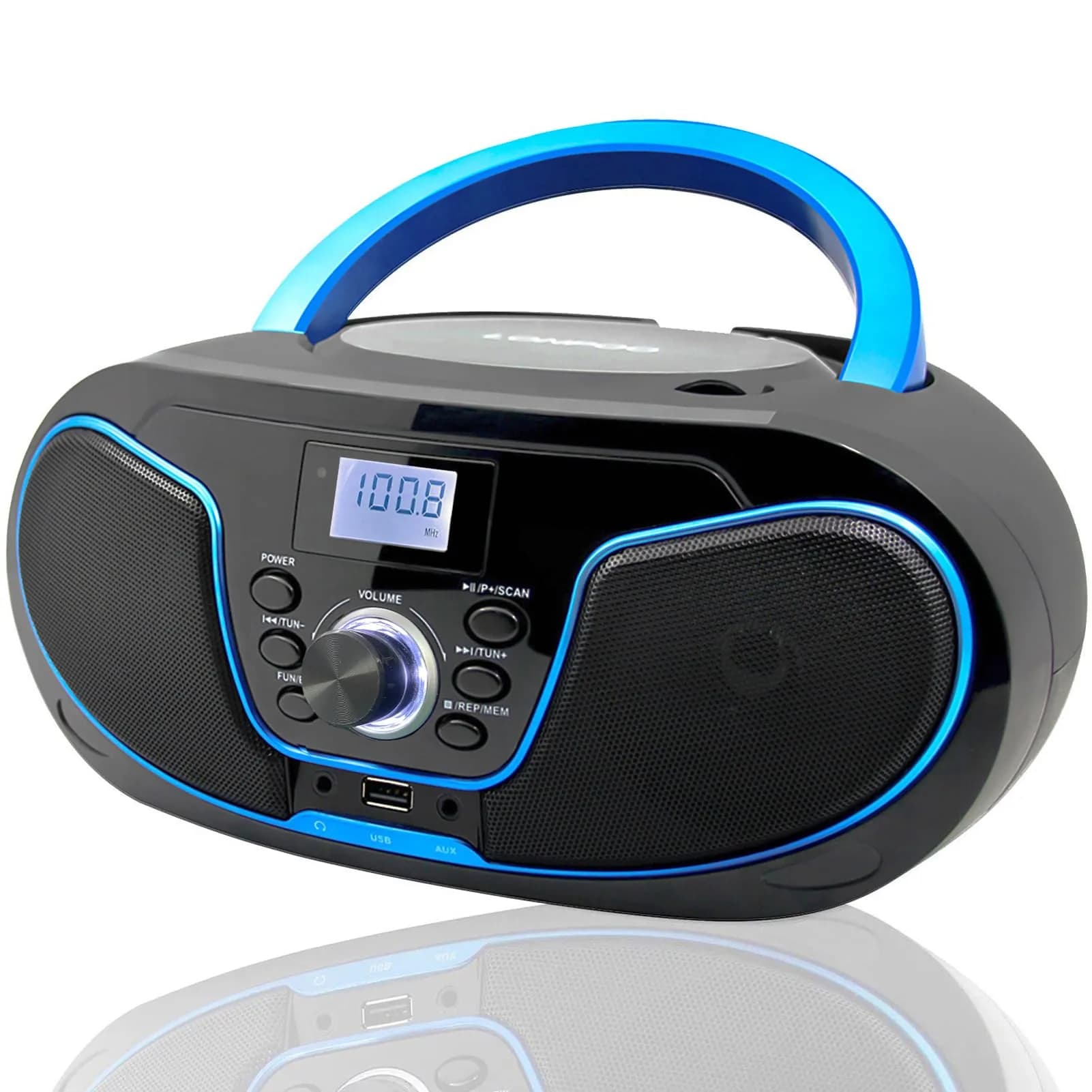 LONPOO Portable CD Player with Bluetooth, USB, AUX, FM Radio, 2.5 lbs (1.13 kg) | Retro Boombox with Stereo Speakers — Blue