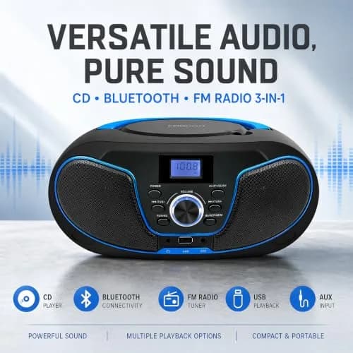 LONPOO LP-D02 Portable CD Player Boombox Bluetooth 28cm (11in) | Crystal-Clear Stereo Sound with FM Radio & AUX Input thumbnail 2