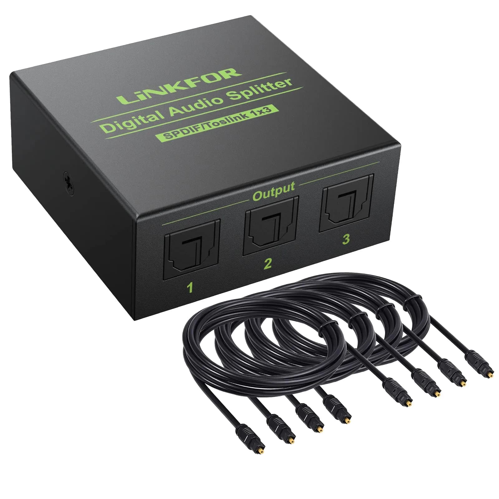 LiNKFOR Digital Optical Audio 1x3 Splitter | Supports 5.1CH Dolby-AC3 DTS, Aluminum Alloy, 40m Optical Fiber — Black