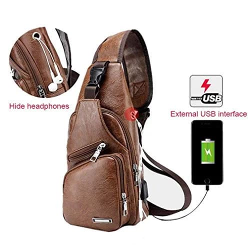 Hebetag PU Leather Sling Crossbody Bag 17cm (6.7") x 35cm (13.8") | Vintage Style with USB Port & Headphone Plug thumbnail 5