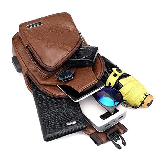Hebetag PU Leather Sling Crossbody Bag 17cm (6.7") x 35cm (13.8") | Vintage Style with USB Port & Headphone Plug thumbnail 6