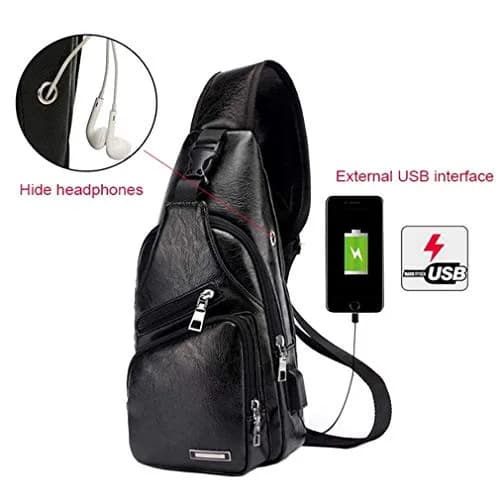 Hebetag Leather Sling Crossbody Bag for Men Women, Black 17cm x 35cm x 6cm | Vintage PU Leather Daypack with USB Port thumbnail 3