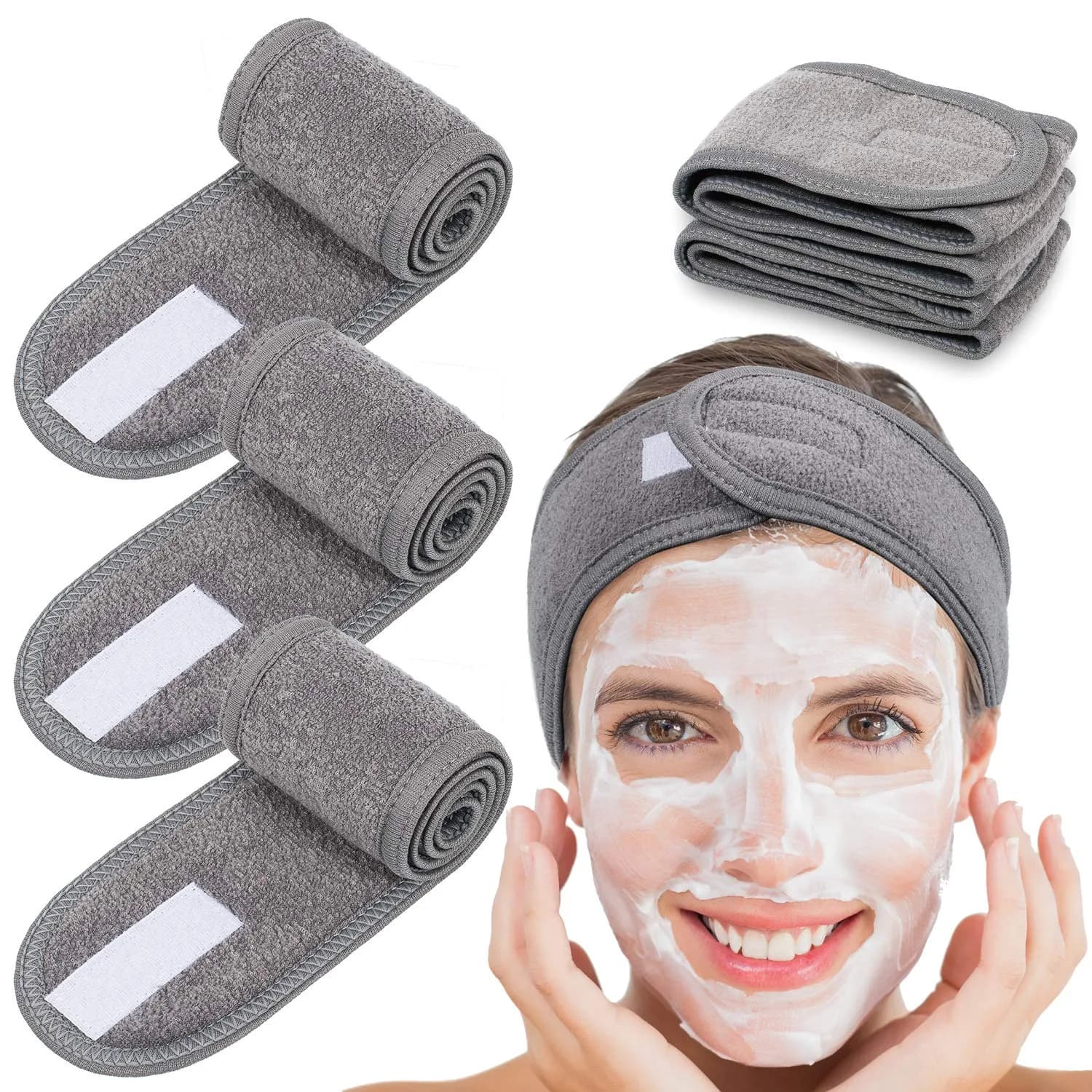 Whaline Gray Spa Headband for Women | Adjustable Terry Cloth Hair Wrap for Facial & Bath - main product image