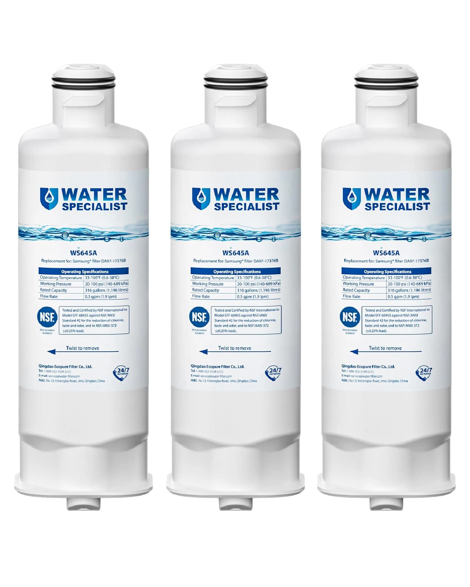 Waterspecialist WS645A Refrigerator Water Filter 3 Pack | NSF 42 & 372 Certified — White