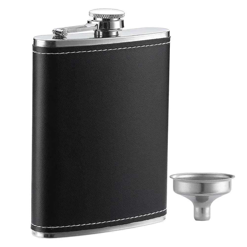 YWQ 8 Oz (237ml) Black Leather Cover Hip Flask with Funnel | Leak Proof Stainless Steel Liquor Flask - main product image