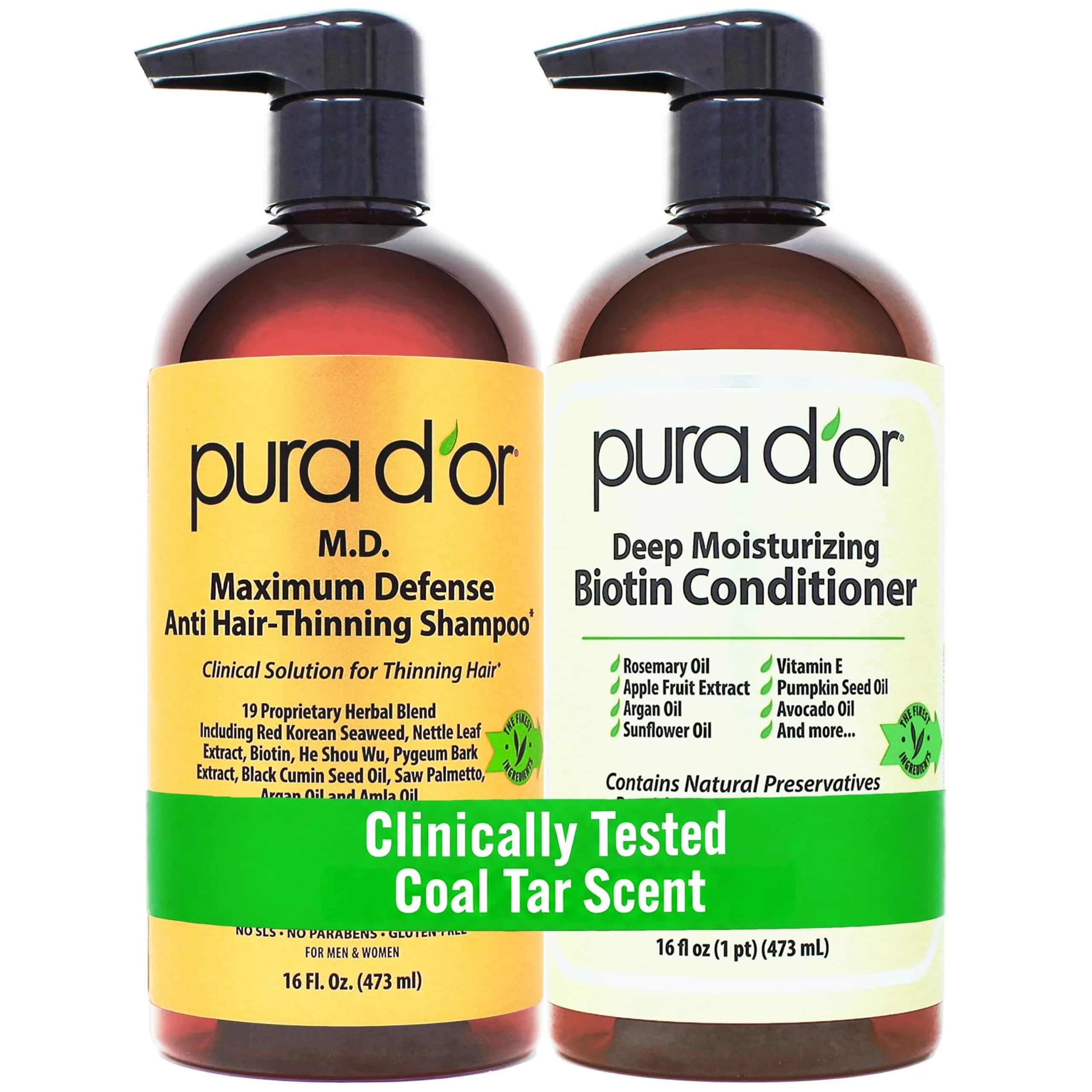 PURA D'OR Gold Label Anti-Thinning Biotin Shampoo & Conditioner Set 2x473ml (16 Fl Oz x2) | Thicker, Fuller Hair — Coal Tar / 16 Fl Oz