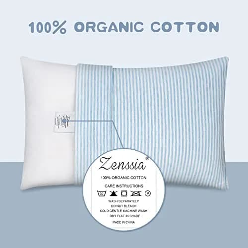 Zenssia Organic Cotton Toddler Pillow Case 33x46 cm (13x18 Inches), 2 Pack Blue Stripe | Soft & Breathable Envelope Closure thumbnail 2
