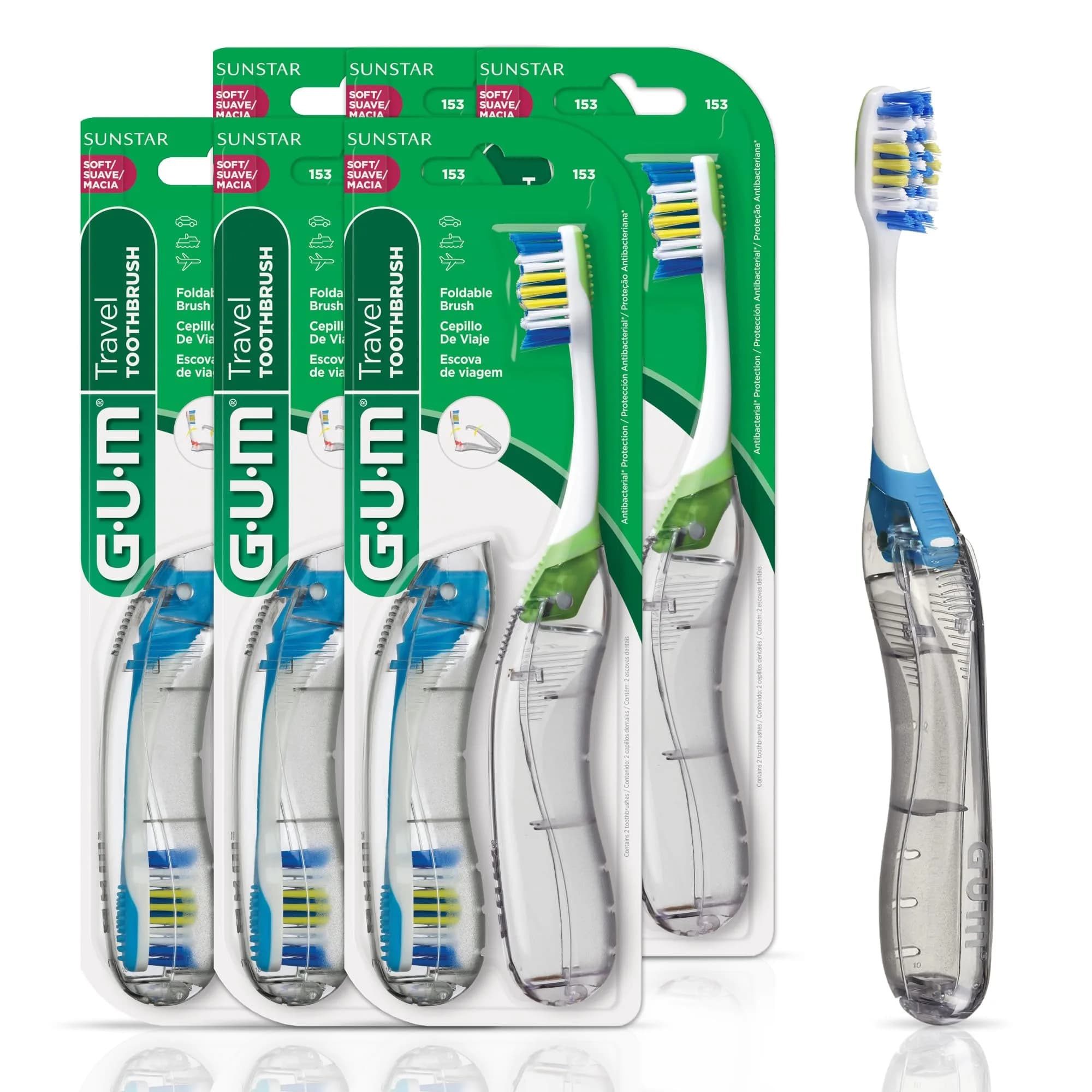 GUM Folding Travel Toothbrush 12 Count (Pack of 6) | Hygienic Tri-Fold Design with Tongue Cleaner - main product image