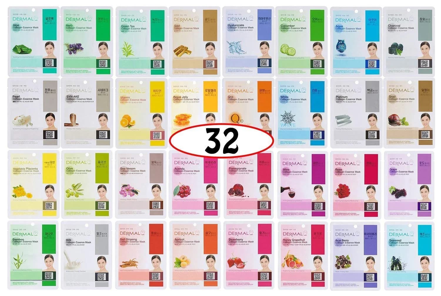DERMAL 16 Collagen Korean Essence Sheet Mask Variety Pack, 23ml (0.78 Fl Oz) | Hydrating, Soothing, Brightening — Set A+B2 32 Colors