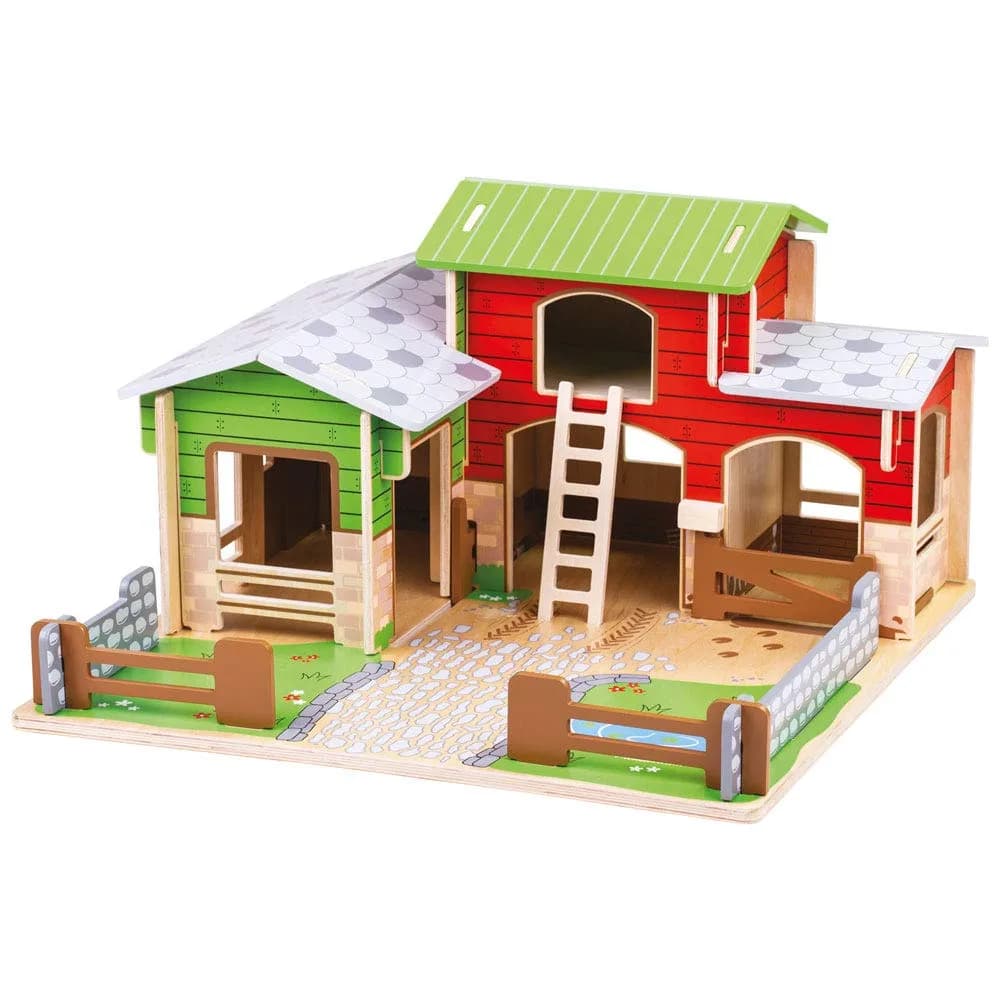Bigjigs Toys Wooden Cobblestone Farm with Working Gates, Stable & Hay Loft | Classic Animal Playset for Kids 3+ - main product image