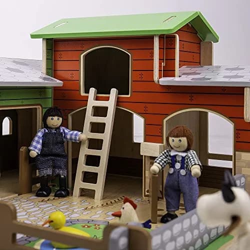 Bigjigs Toys Wooden Cobblestone Farm with Working Gates, Stable & Hay Loft | Classic Animal Playset for Kids 3+ thumbnail 8