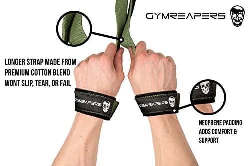 Gymreapers Lifting Wrist Straps Military Green | Padded Neoprene & 18" Cotton for Deadlifts & Weightlifting thumbnail 2