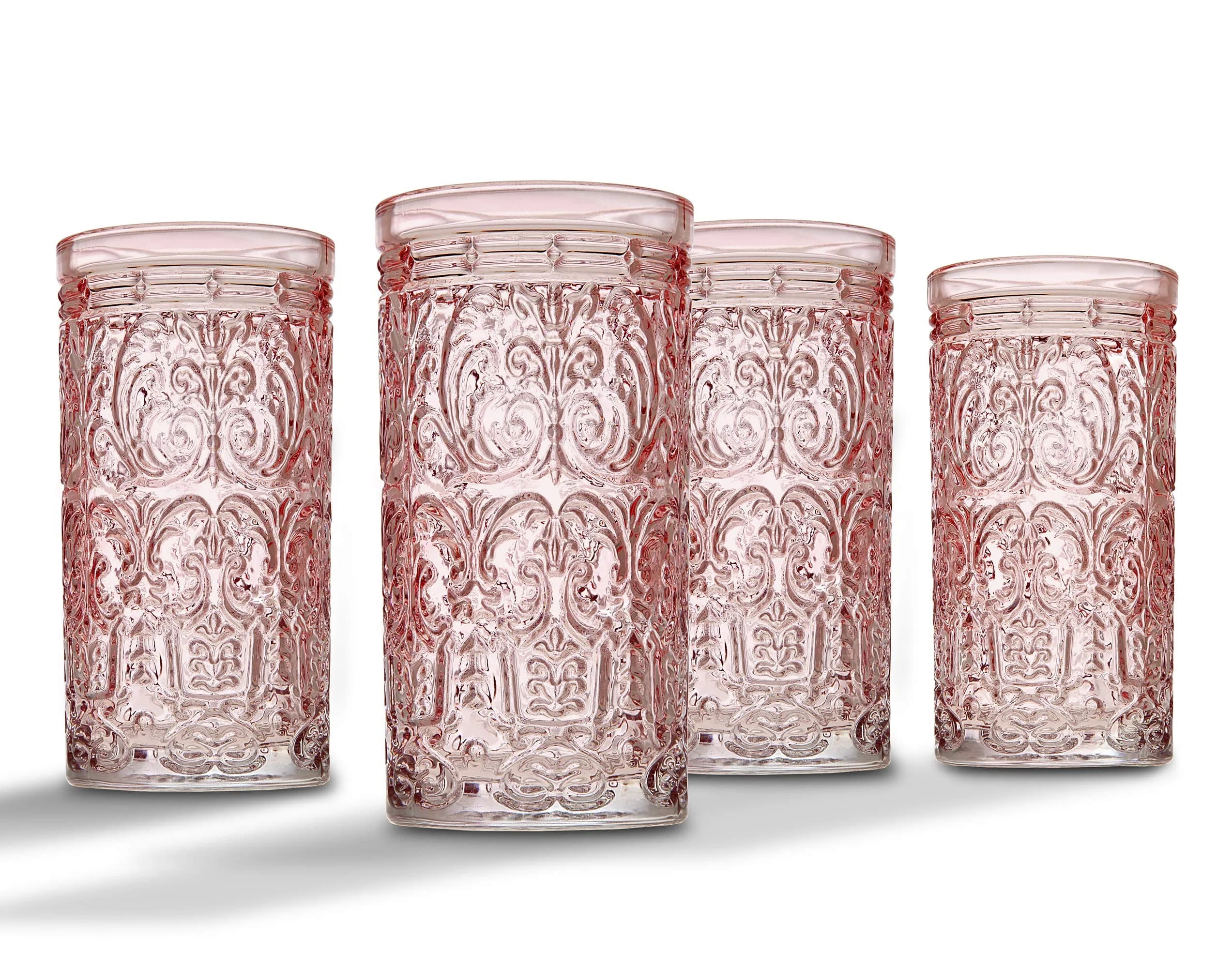 Godinger Jax Pink Highball Glasses Set of 4 | 355ml (12 Fl Oz) Clear Glass Cups — Pink