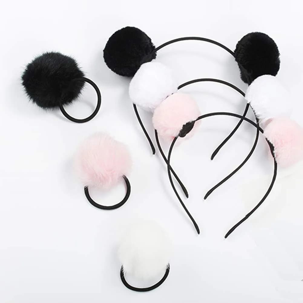 lasenersm Fluffy Furry Pom-Ball Headbands and Elastic Hair Ties - 6 Pieces, 3 Pairs | Cute Faux Fur Animal Ear Headbands for Girls & Women - main product image