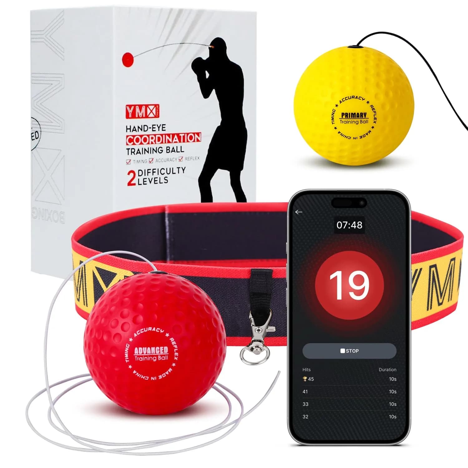 YMX BOXING Training Reflex Ball with Counter App & Headband | 10.2cm (4 inch) Diameter - main product image