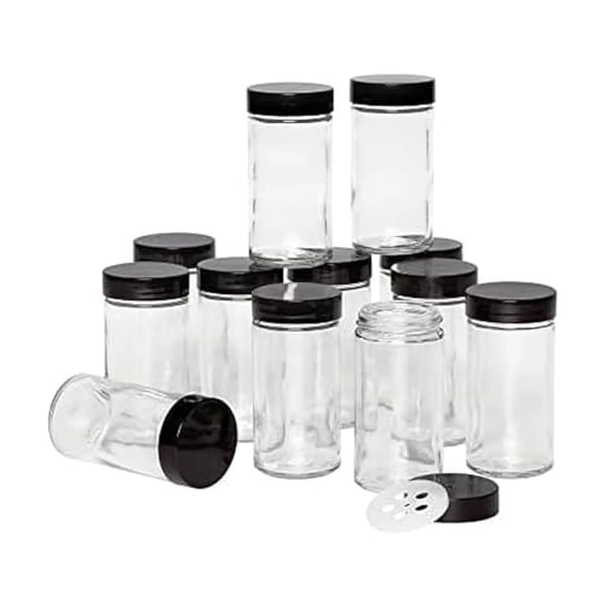 Kamenstein 12-Piece Empty Glass Spice Jar Set Black Lids 3 oz | Clear, Airtight, Versatile Kitchen Storage - main product image