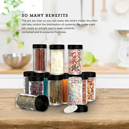 Kamenstein 12-Piece Empty Glass Spice Jar Set Black Lids 3 oz | Clear, Airtight, Versatile Kitchen Storage thumbnail 2