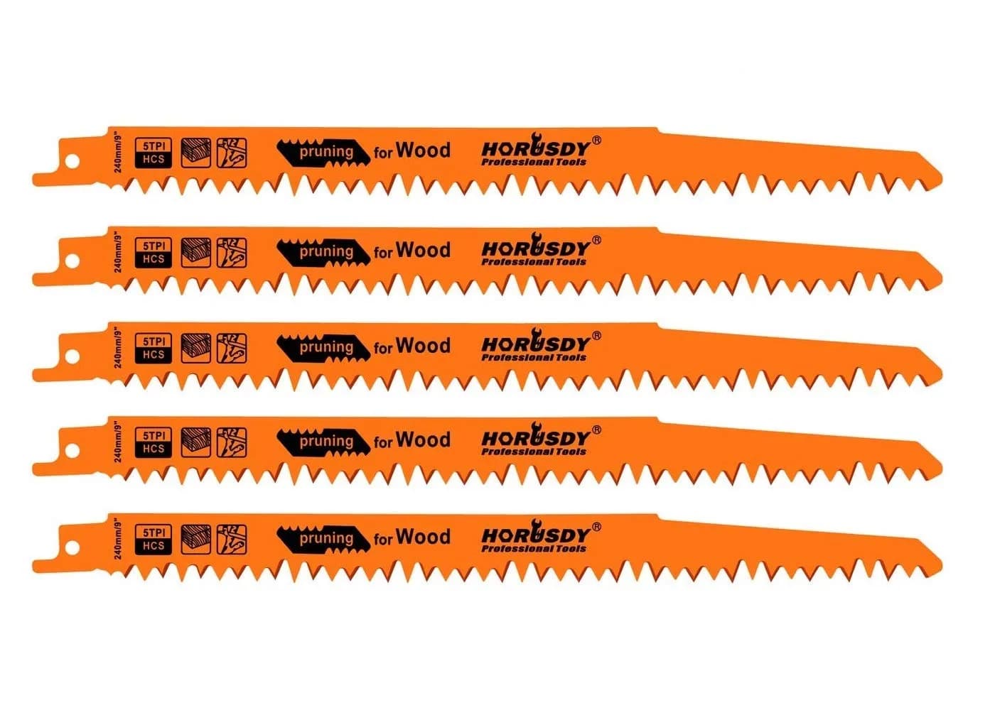 HORUSDY 9-Inch Wood Pruning Reciprocating Saw Blades, 5 TPI, 5-Pack | Fast Cutting Green Wood & Branches — 5-Pc 9" Wood (Pruning)