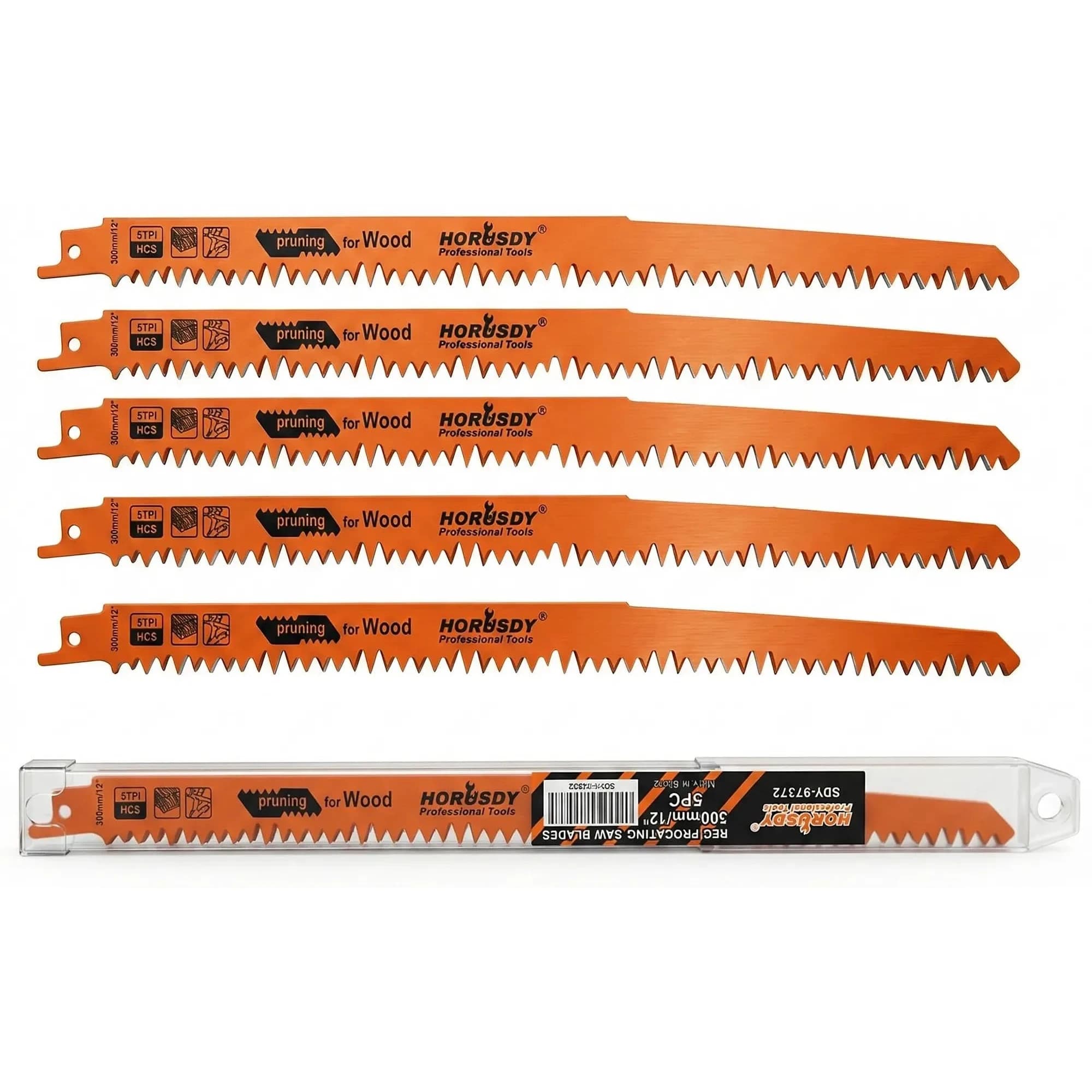 HORUSDY 9-Inch Wood Pruning Reciprocating Saw Blades, 5 TPI, 5-Pack | Fast Cutting Green Wood & Branches — 5-Pc 12"Wood (Pruning)