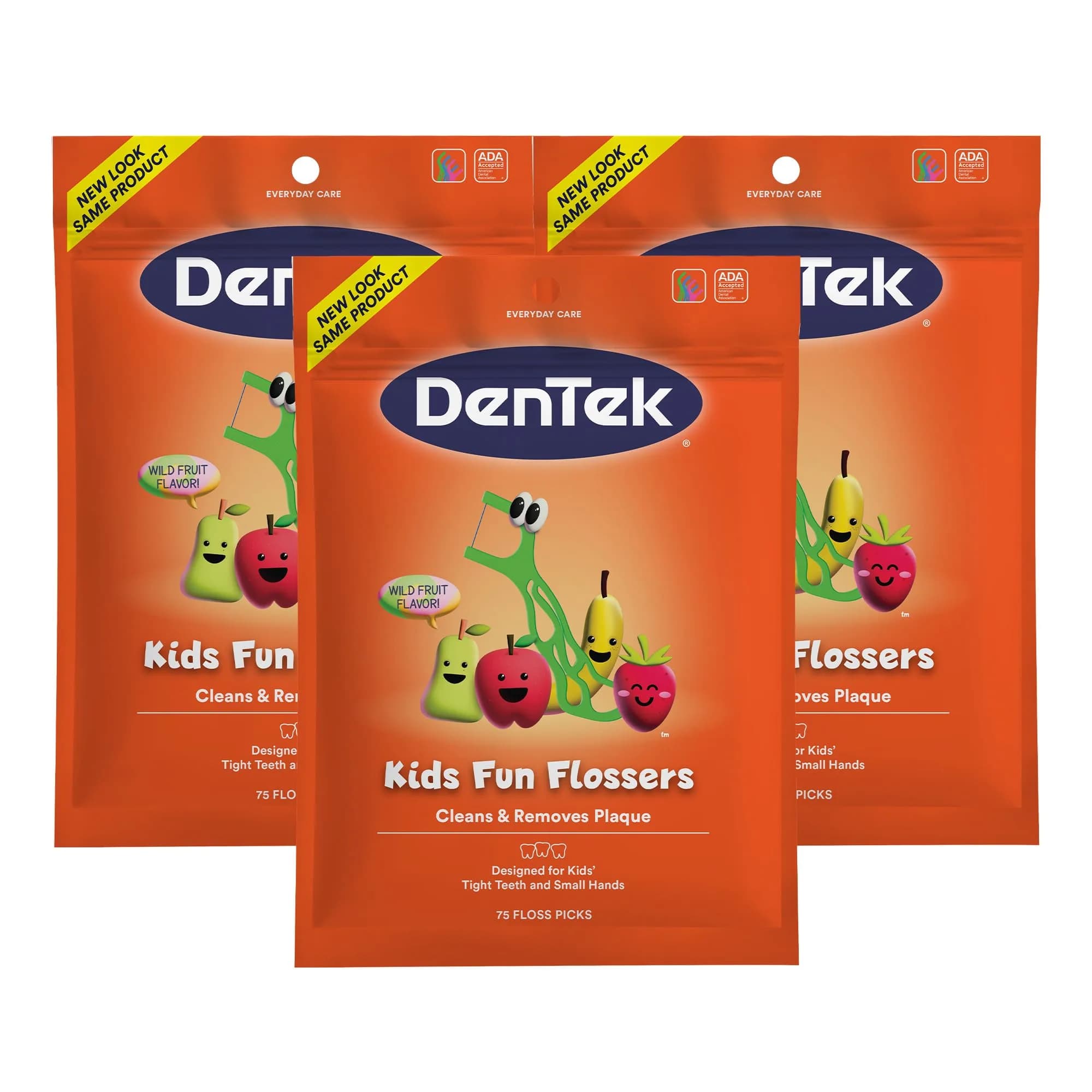 DenTek Kids Flossers Wild Fruit Flavor 225 Count (Pack of 3) | Fluoride-Coated for Oral Health