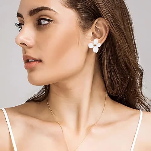 Artilady White Flower Boho Stud Earrings for Women | Hypoallergenic Lightweight Acrylic Resin thumbnail 2