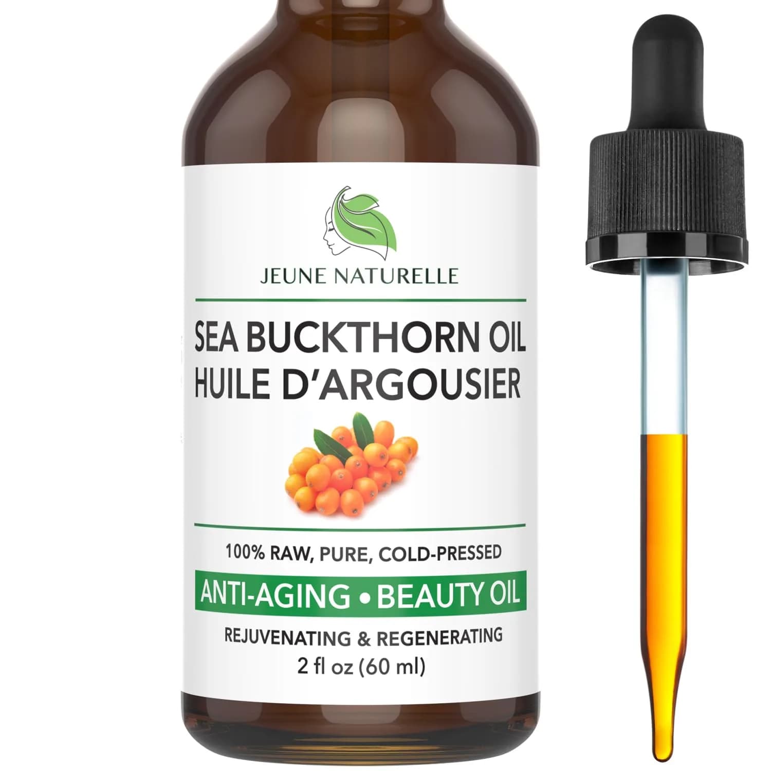 Jeune Naturelle Sea Buckthorn Oil 2 Fl Oz | Organic, Pure, Cold Pressed, Unrefined, Non-Comedogenic - main product image