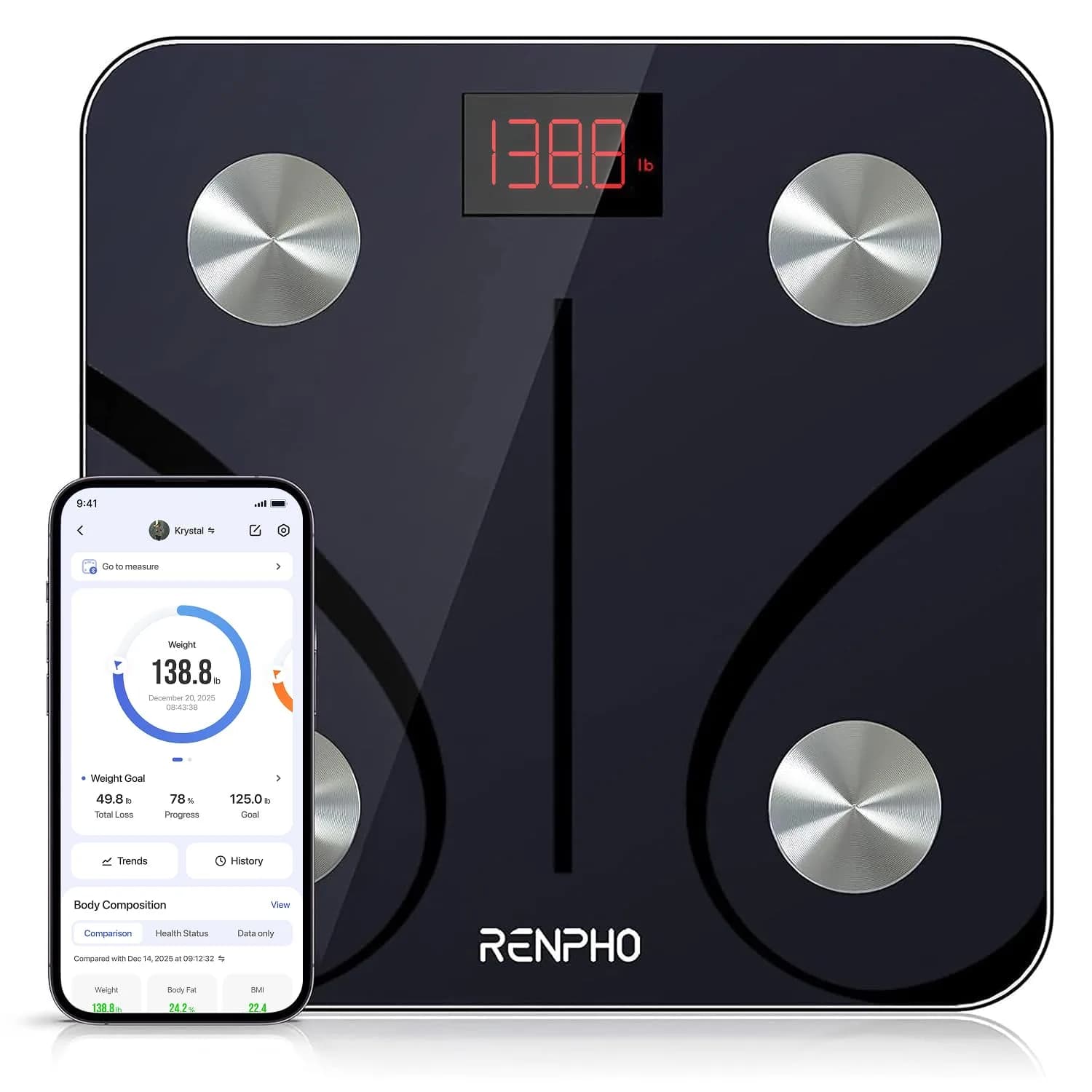 RENPHO Smart Body Fat Scale 180 kg (400 lbs) | Syncs with Fitness Apps — Grey-Black