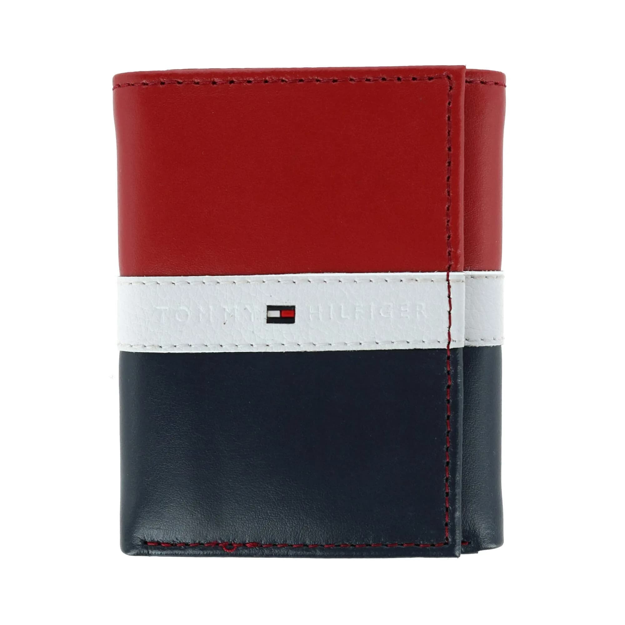 Tommy Hilfiger Men's Leather Trifold Wallet Oxford Black | Genuine Leather, 9+ Card Slots — Red/White/Blue