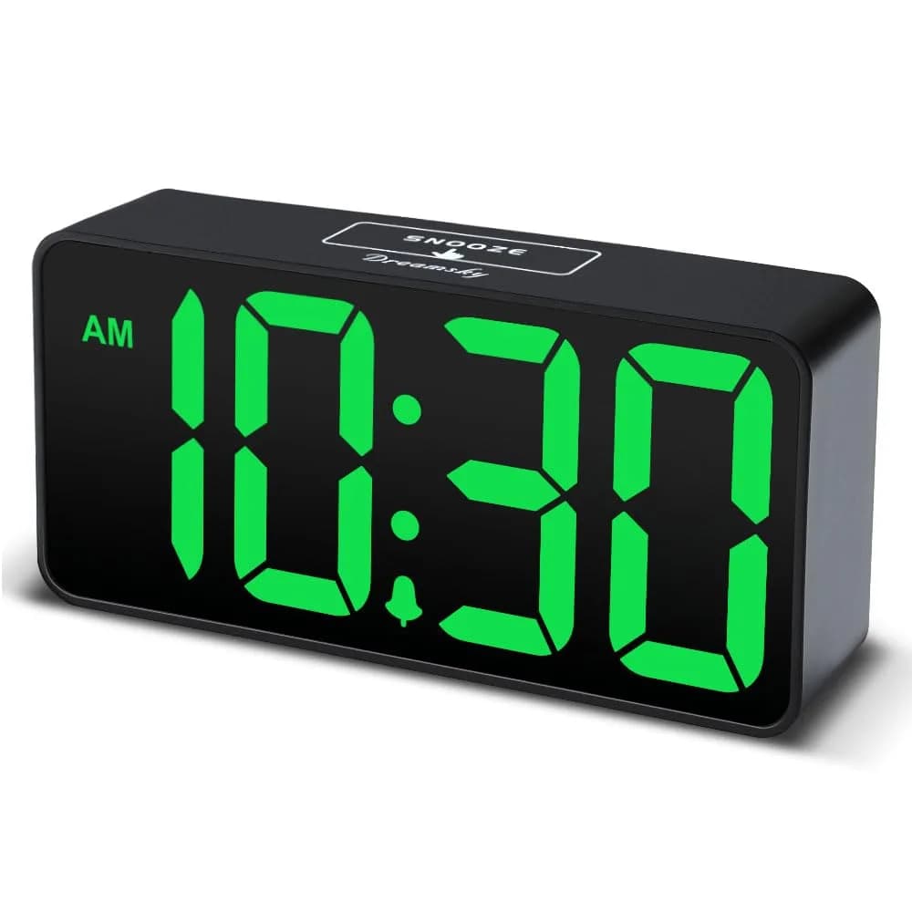 DreamSky Small Digital Alarm Clock with Large Green LED Numbers & USB Charging Port | Bedside Table Clock with Dimmer & Snooze