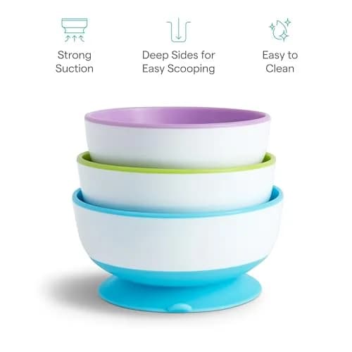 Munchkin Stay Put Suction Bowls for Baby and Toddler, 3 Pack, Blue/Green/Purple | BPA-Free Silicone Feeding Bowls for Infants 6+ Months thumbnail 5