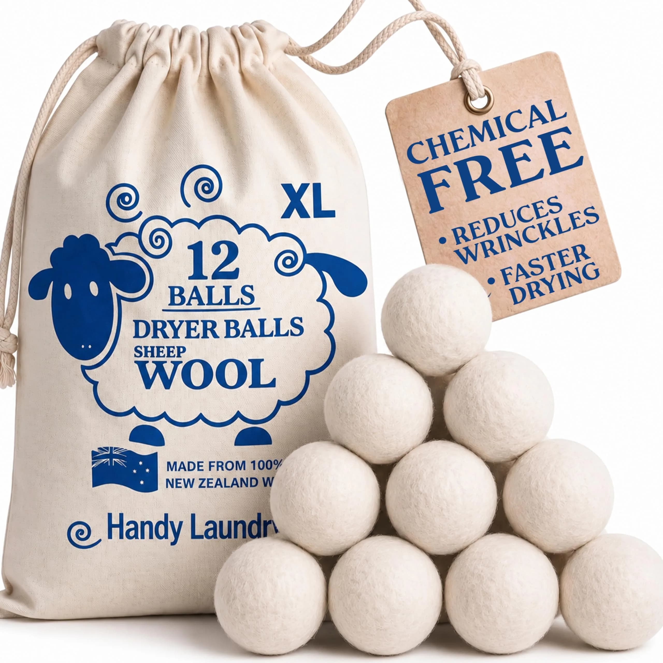 Handy Laundry Wool Dryer Balls 12-Pack, Reusable Natural Fabric Softener | 0.69 kg (1.52 lb) Pack
