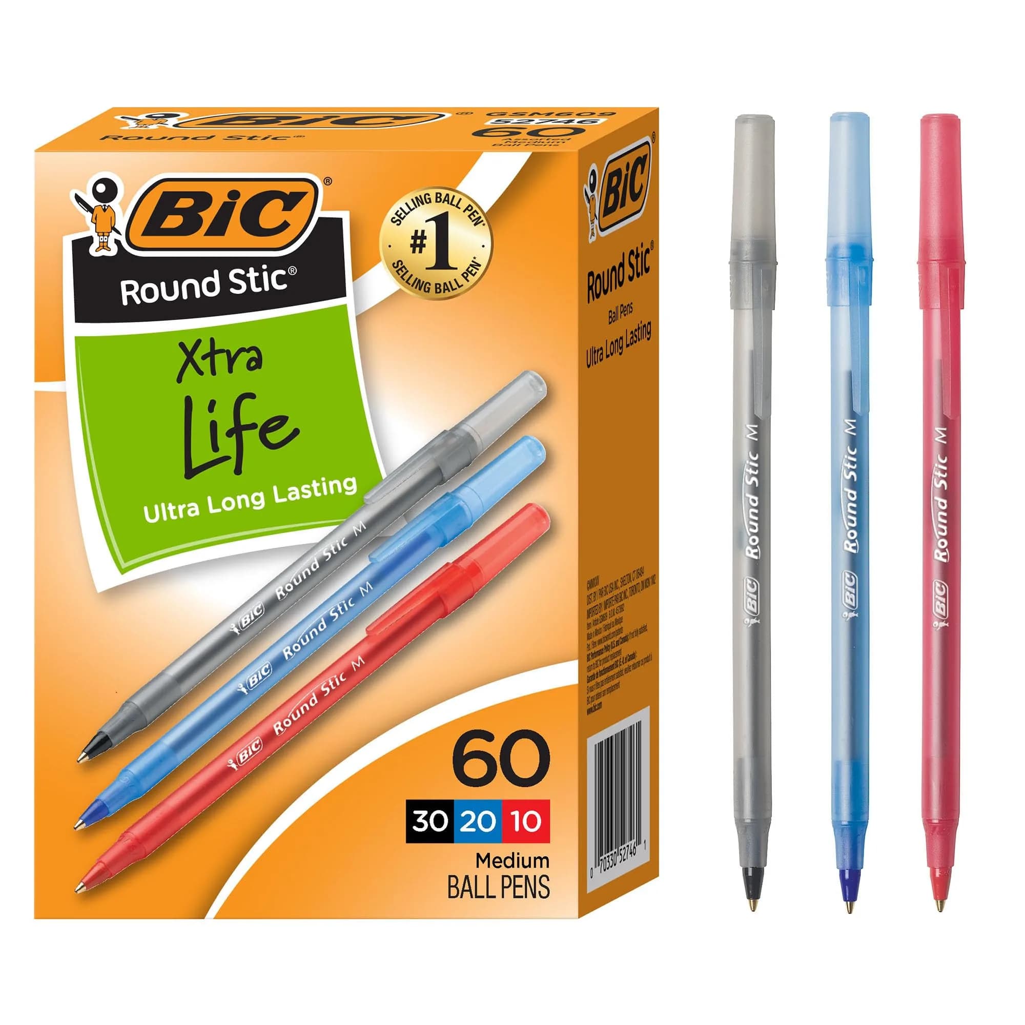 BIC Round Stic Xtra Life Assorted Ink Ballpoint Pens, 60-Count, 1.0mm Medium Point | Smooth Writing for Students & Office