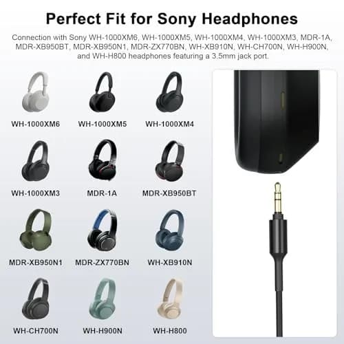 Muigiwi Replacement Headphone Audio Cable Cord Aux Wire for Sony WH-1000XM5/XM4/XM3/XM2, MDR-1000X/100ABN/1ADAC, 1.5m (4.9ft) Black thumbnail 2