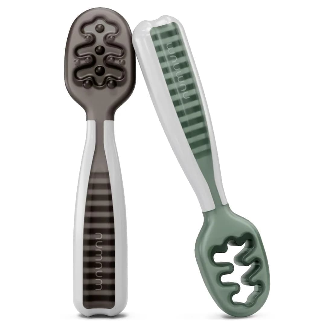 NumNum Baby Spoons Set, GOOtensils Pre-Spoon & Spoon for 6-18 Months | Easy Self-Feeding & Baby Led Weaning (2-Pack, Gray/Green)