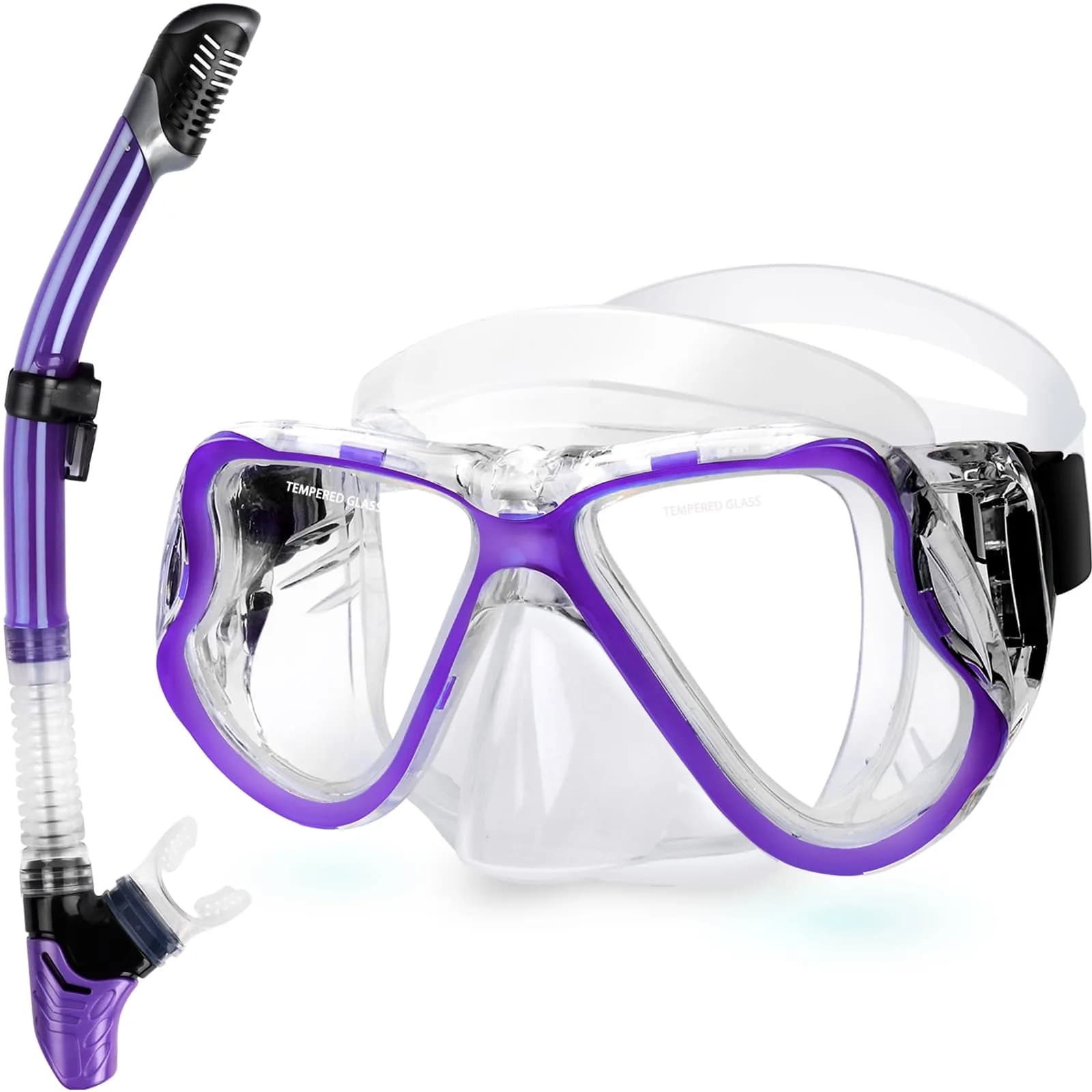 Greatever Snorkeling Gear for Adults Kids | Anti-Fog Dry Snorkel Mask Set with Panoramic View — Purple / Large