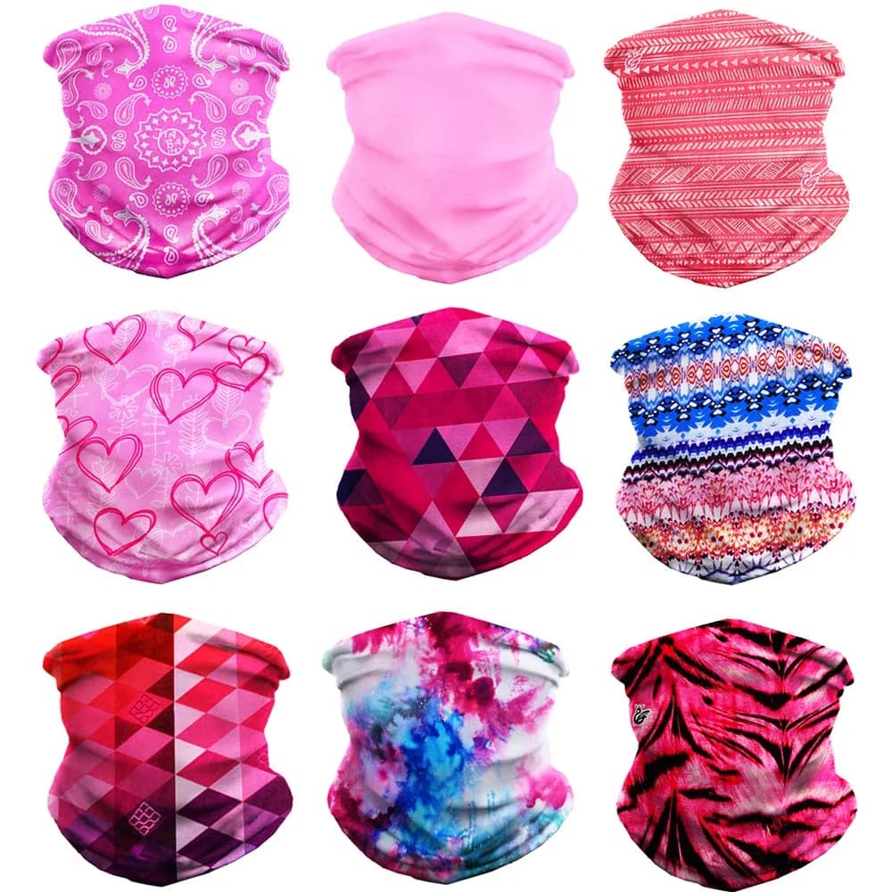KALILY Tie Dye Microfiber Headband Bandana Face Shield Neck Gaiter 25x48cm (9.5x19 Inch) | 12 Ways to Wear for Sun & Cold Protection — 9pcs Pink Series