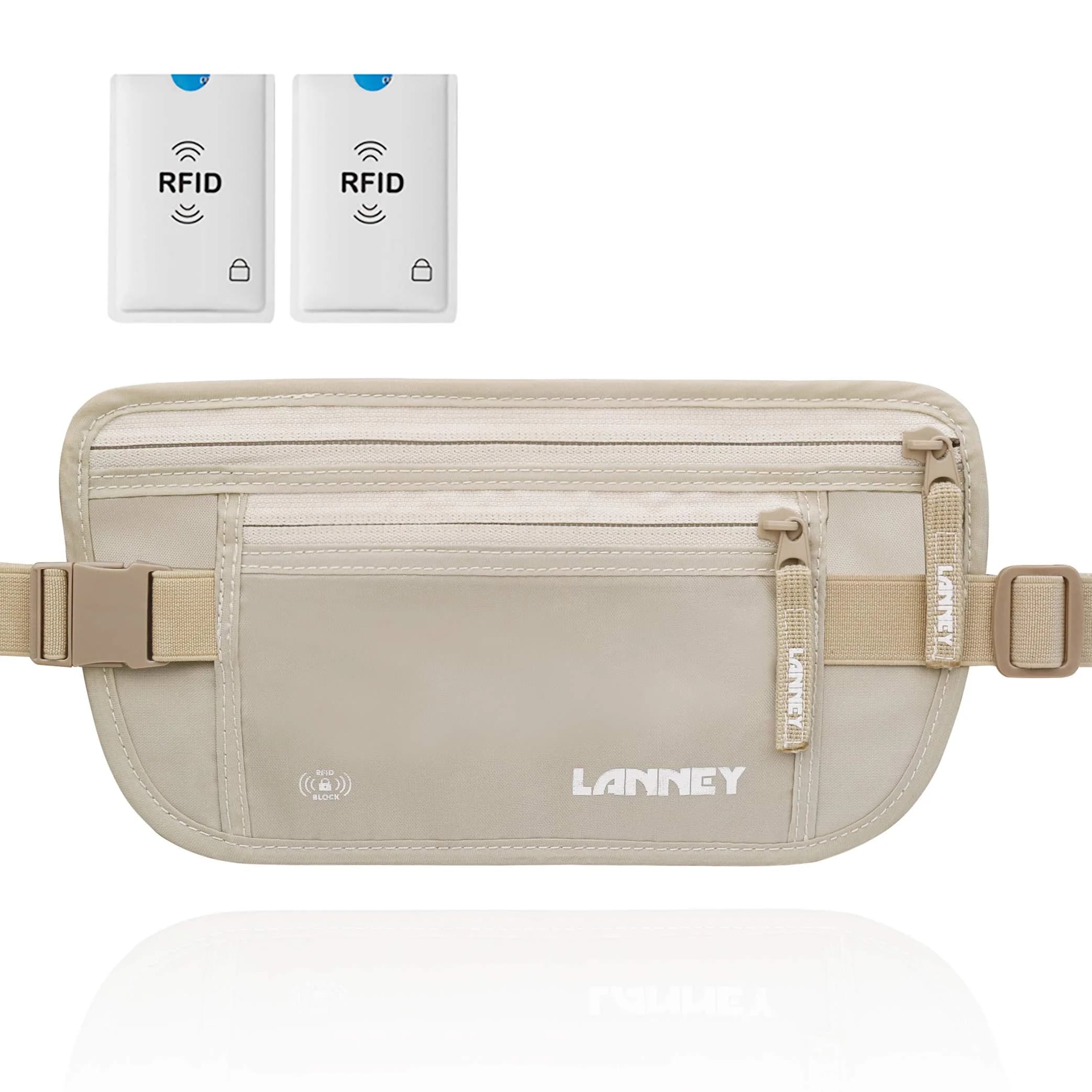 LANNEY RFID Blocking Money Belt Waist Stash Wallet 10.2"x5.5" Cream | Secure Passport Holder for Travel
