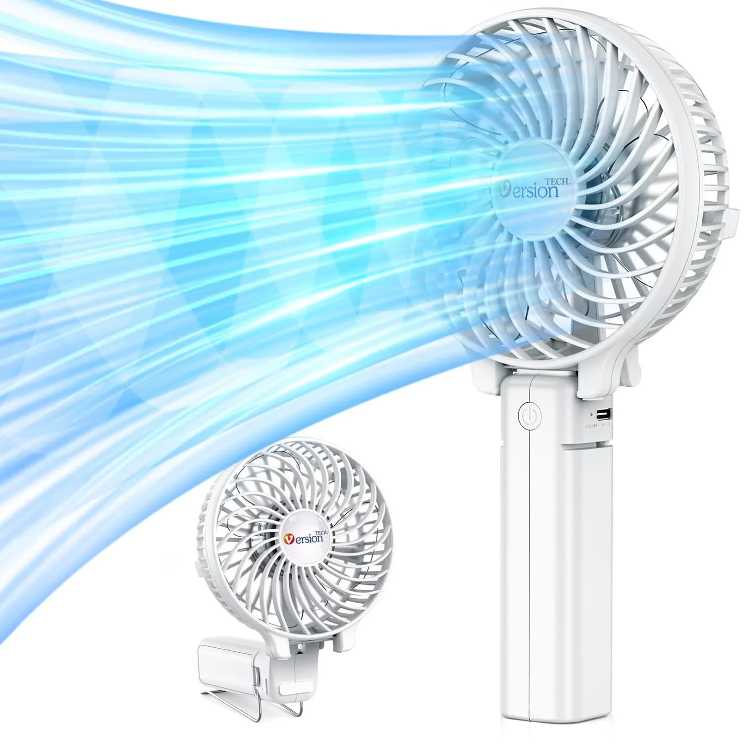 VersionTECH. Portable Handheld Fan with Replaceable Battery | 10cm Fan Diameter (3.94 Inch), 20cm Height (7.87 Inch) | USB Rechargeable — White