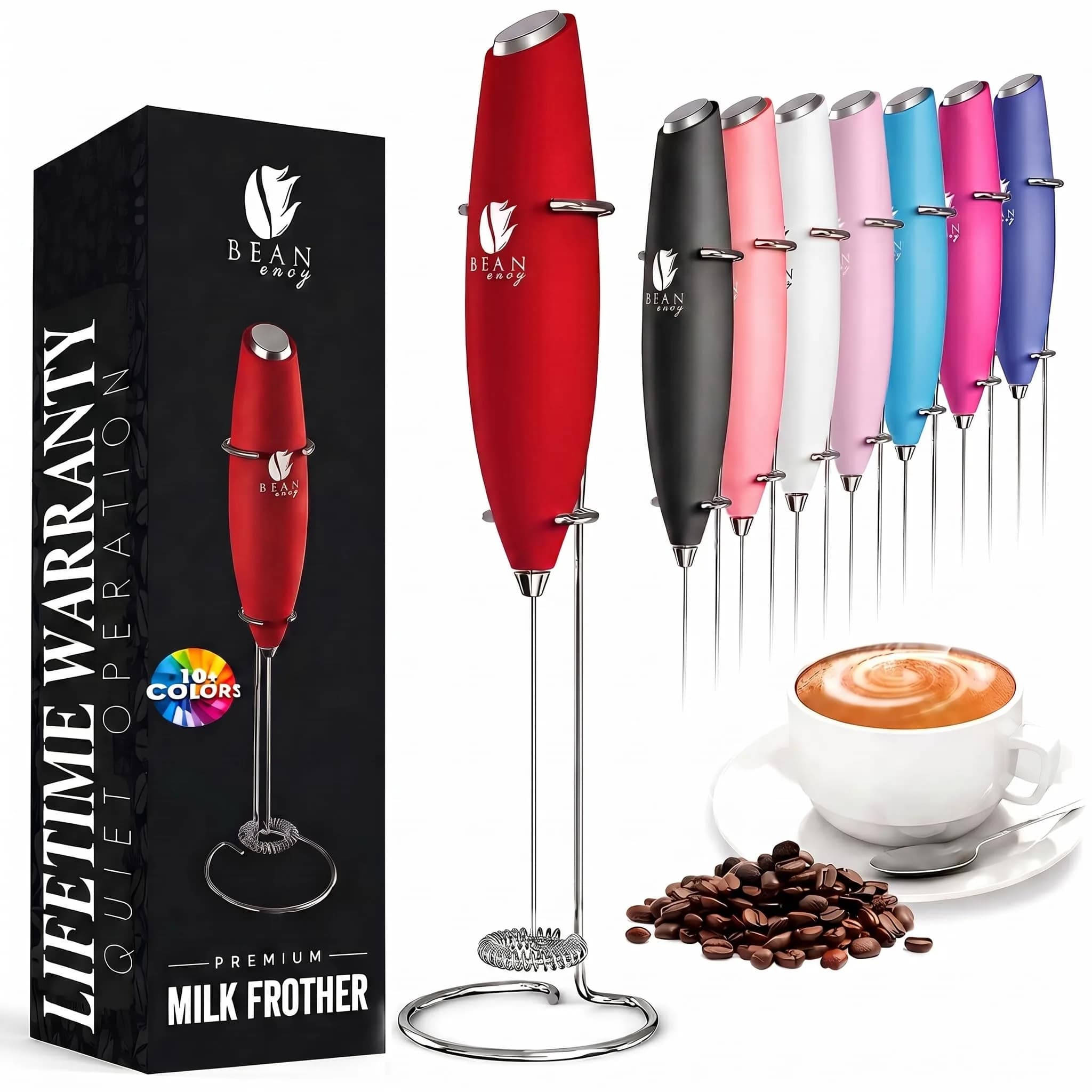 Bean Envy Handheld Milk Frother Wand with Stand - Black | 19000 RPM Electric Mixer for Coffee, Matcha, Protein Shakes — Red