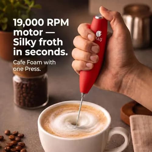Bean Envy Red Milk Frother Handheld Wand with Stand | Powerful 19,000 RPM Motor for Creamy Foam thumbnail 2
