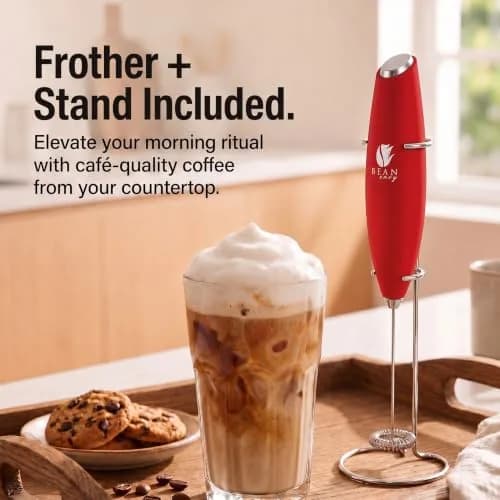 Bean Envy Red Milk Frother Handheld Wand with Stand | Powerful 19,000 RPM Motor for Creamy Foam thumbnail 3