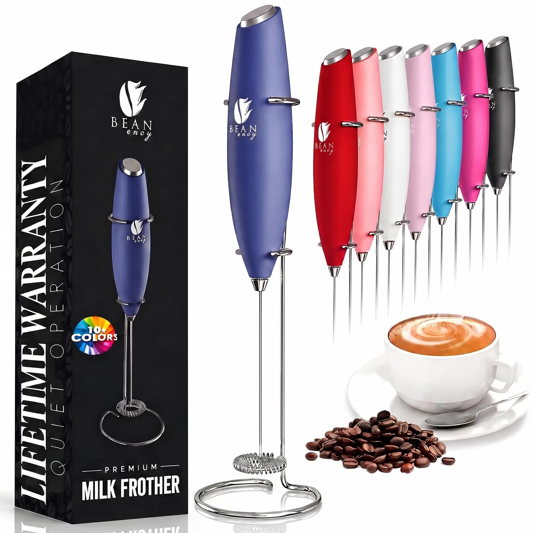 Bean Envy Handheld Milk Frother Wand with Stand - Black | 19000 RPM Electric Mixer for Coffee, Matcha, Protein Shakes — Blue / Classic
