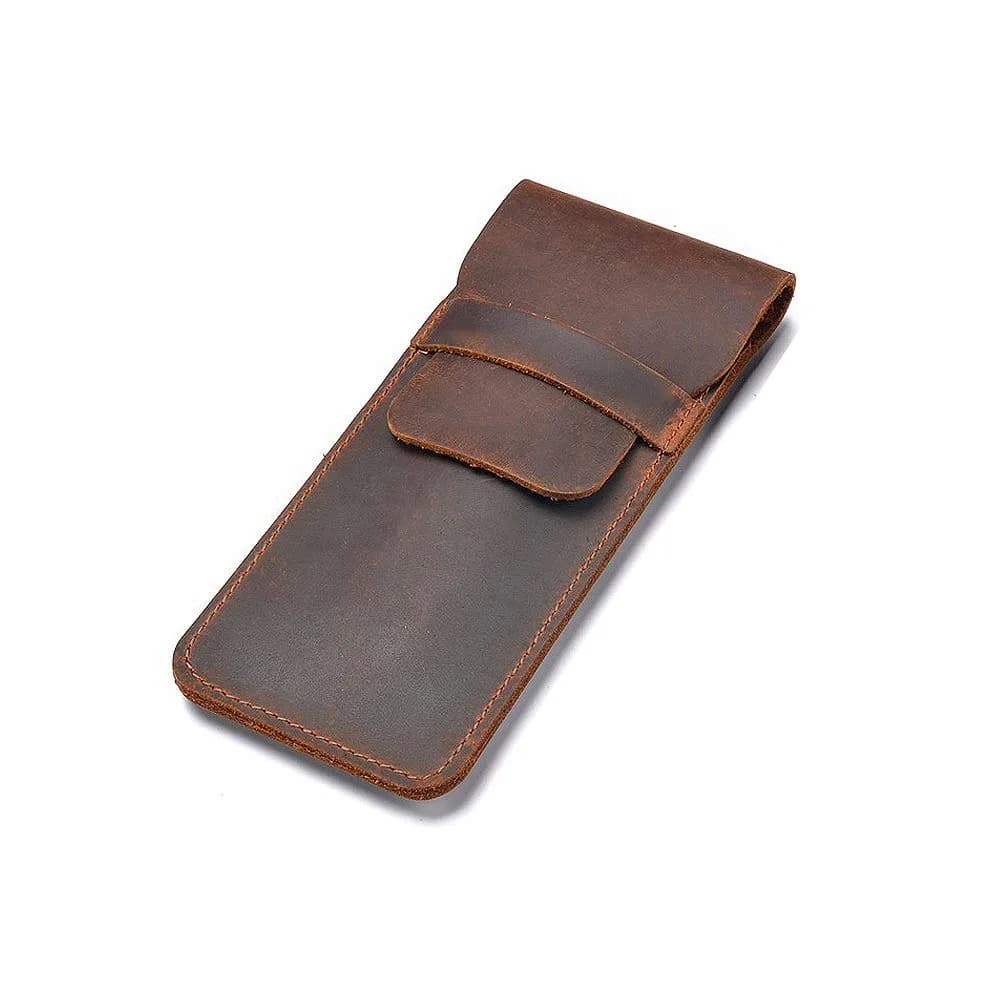 Daimay Handmade Crazy Horse Leather Pen Case Holder with Flap Cover, Brown | 16cm x 7cm — Brown
