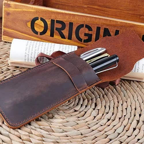 Daimay Handmade Crazy Horse Leather Pen Case Holder with Flap Cover, Brown | 16cm x 7cm thumbnail 6