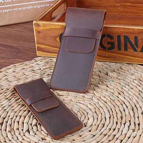 Daimay Handmade Crazy Horse Leather Pen Case Holder with Flap Cover, Brown | 16cm x 7cm thumbnail 3