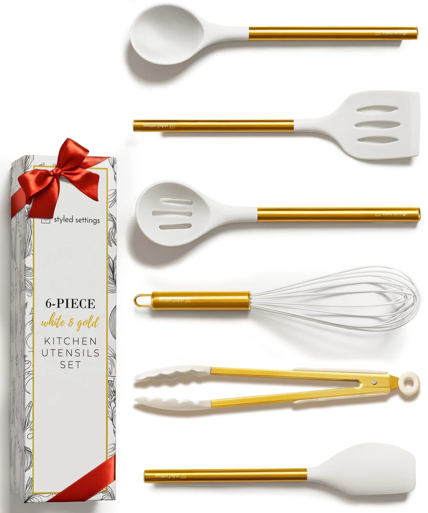 STYLED SETTINGS Gold Kitchen Utensils Set – 6 PC White Silicone and Gold Cooking Tools for Nonstick Cookware