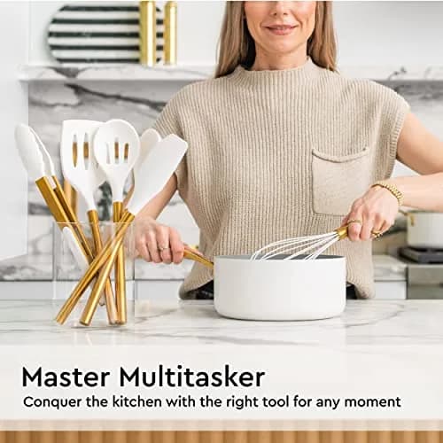 STYLED SETTINGS Gold Kitchen Utensils Set – 6 PC White Silicone and Gold Cooking Tools for Nonstick Cookware thumbnail 3