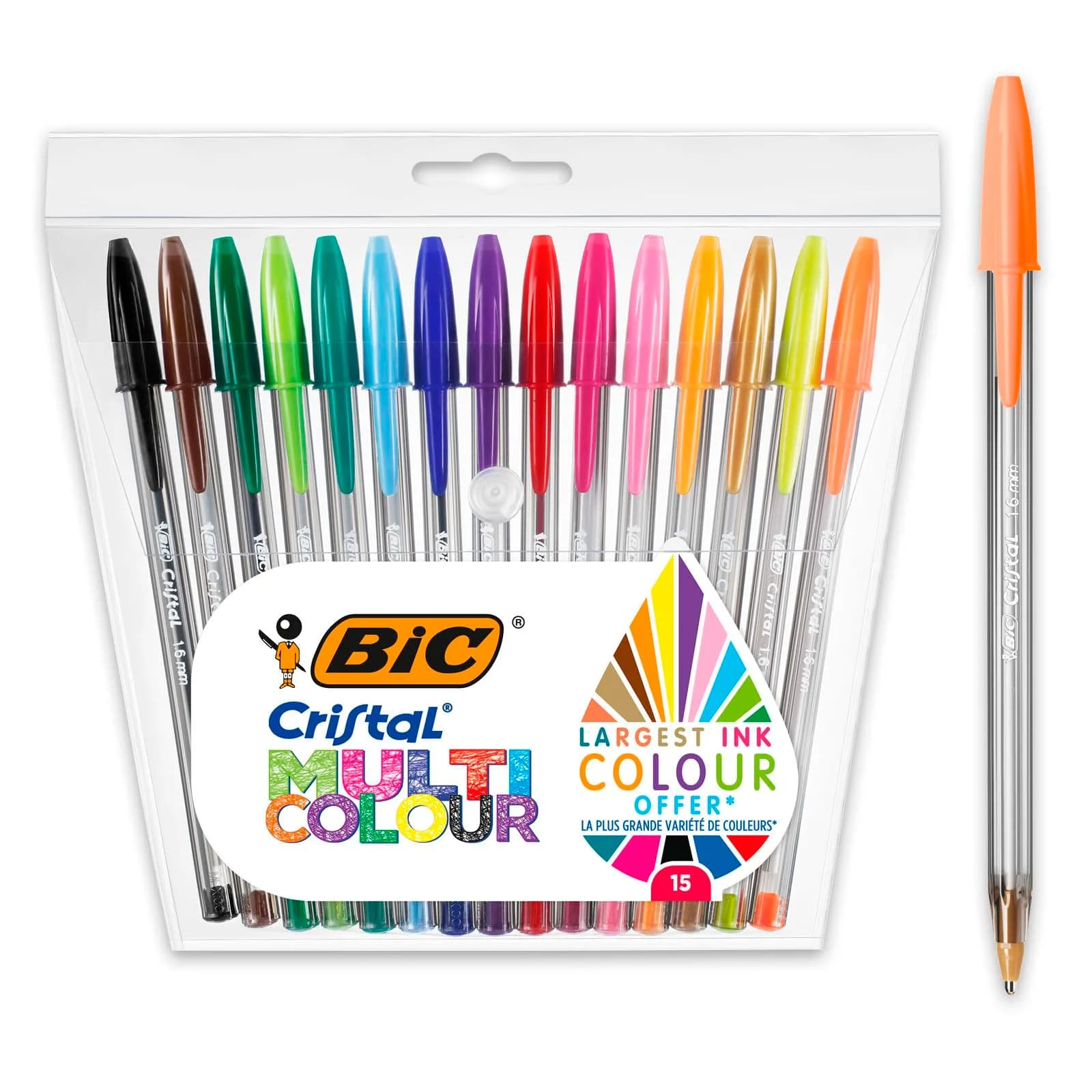 BIC Cristal Multicolour Ballpoint Pens 15 Pack | Wide 1.6mm Tip for Colourful Writing in Assorted Colours - main product image
