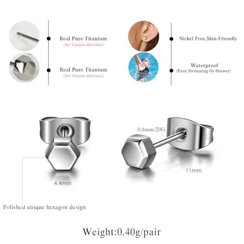 TGNEL Hexagon Stud Earrings 4.4mm | Pure Titanium Hypoallergenic for Sensitive Ears thumbnail 5